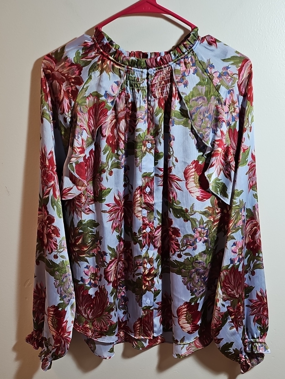 Rachel Roy Light Blue Blouse with Red Floral Long Sleeve Button Down SZ L NWOT